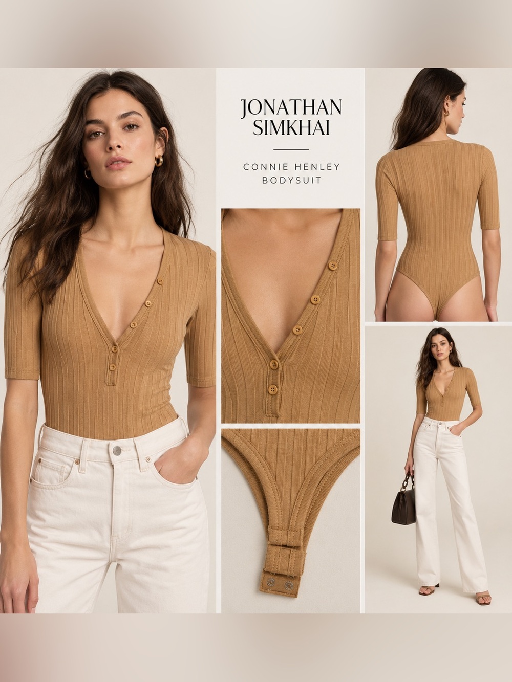 Jonathan Simkhai Camel Ribbed Connie Henley Bodysuit